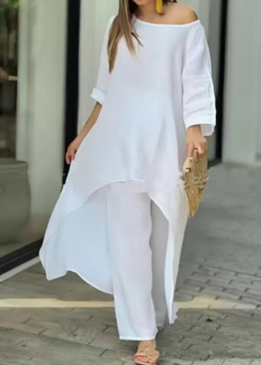 Loose Rose O-neck Asymmetrical Top and Straight Pants Two Pieces Set Summer