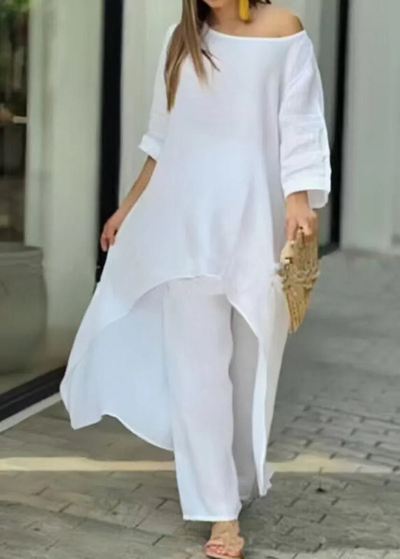 Loose Rose O-neck Asymmetrical Top and Straight Pants Two Pieces Set Summer