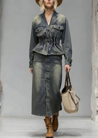 Boutique V Neck Wrinkled Denim Two Piece Set Clothing Spring