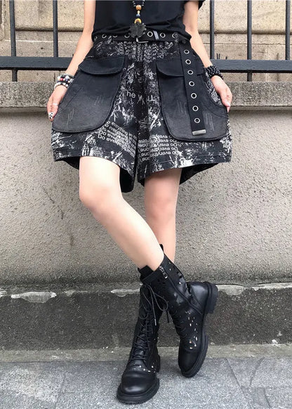 Print Patchwork High Waist Sashes Denim Shorts Spring
