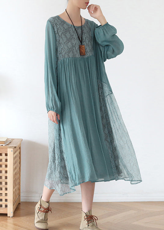 French Blue O-neck Patchwork Chiffon Vacation Dress Long Sleeve