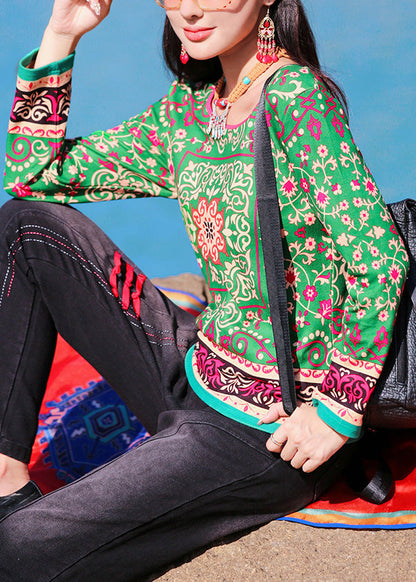 Diy Green O-neck Print Top Long Sleeve