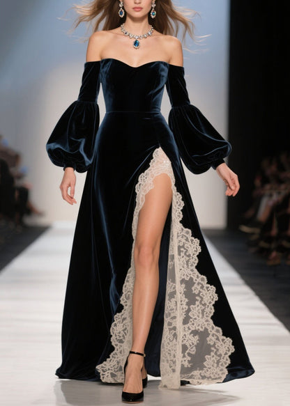 Cold Shoulder Lace Patchwork Velvet Dresses Fall