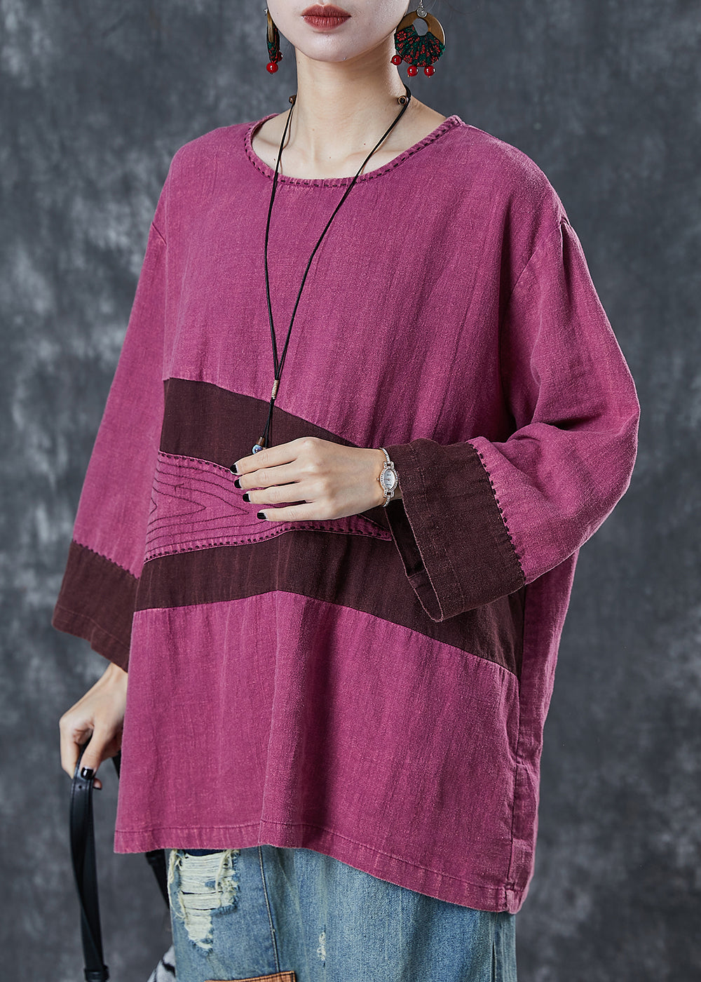 Rose Oversized Patchwork Linen Blouses Spring