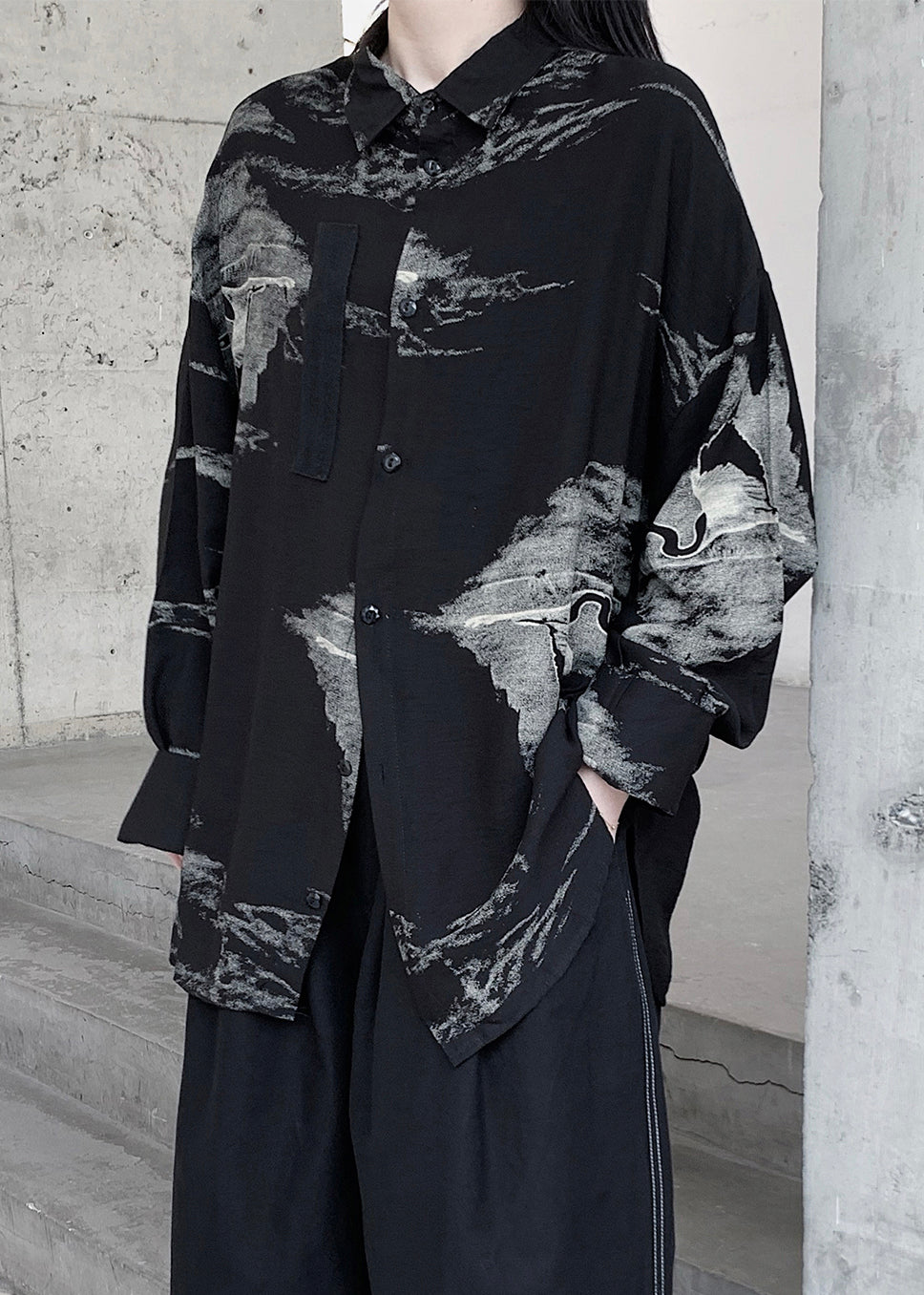 Black Peter Pan Collar Tie Dye Button Shirts Fall