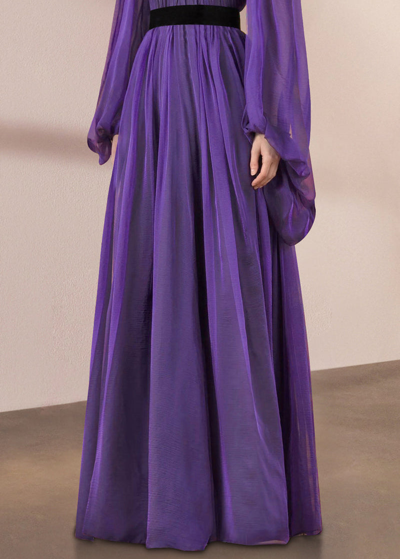 Italian Purple Stand Collar Wrinkled Silk Long Dresses Lantern Sleeve Spring