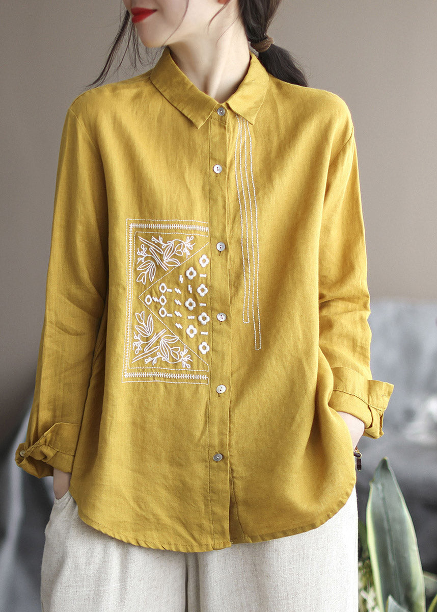 Purple Peter Pan Collar Embroideried Button Linen Shirt Long Sleeve