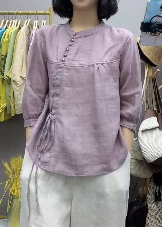 Chinese Style Purple O-neck Lace Up Cotton Top Bracelet Sleeve