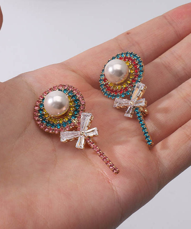 Pink Zircon Pearl Bow Lollipop Brooches