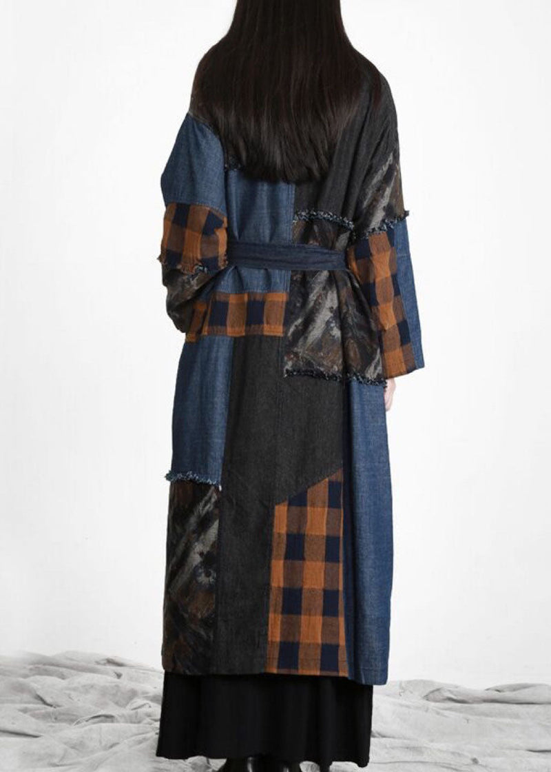 New Denim Blue Patchwork Button Tie Waist Fall Trench Coats