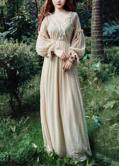 Beige V Neck Lace Patchwork Exra Large Hem Maxi Dress Puff Sleeve