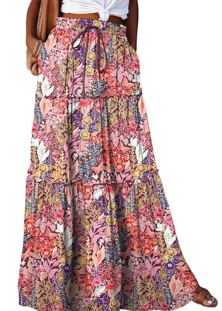 Ruffled Patchwork Pockets High Waist Maxi Skirt Summer