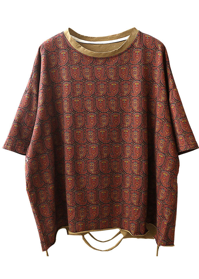 Classy Dark Red O-neck Print Patchwork Cotton Tanks Short Sleeve