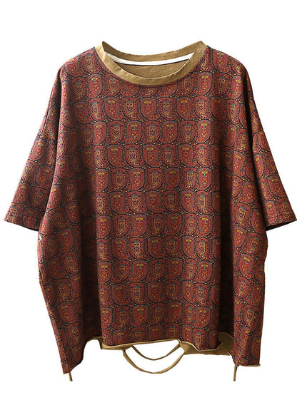 Classy Dark Red O-neck Print Patchwork Cotton Tanks Short Sleeve
