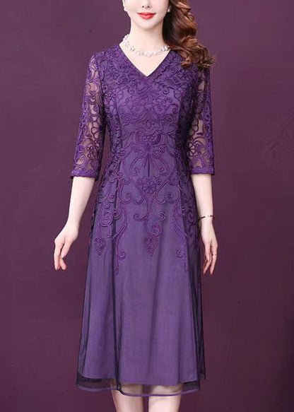 Purple V Neck Lace Patchwork Tulle Dresses Half Sleeve Spring