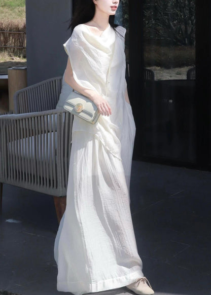 New White Asymmetrical Shirts and Wide Leg Pants Cotton Two Pieces Set Summer