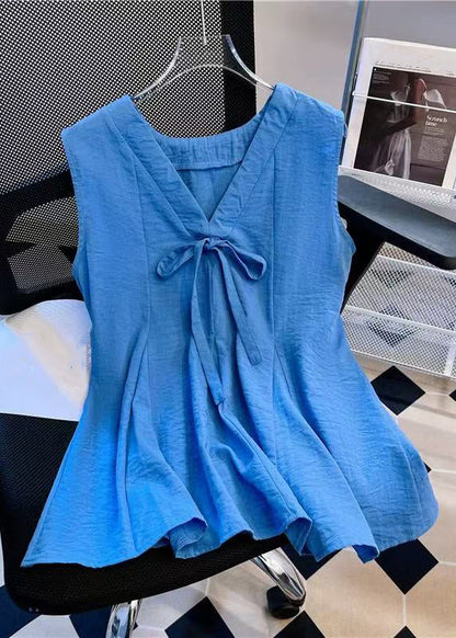 Simple Blue V Neck Bow Cotton Tank Sleeveless