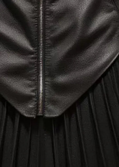 Stylish Black Zippered Wrinkled Patchwork Faux Leather Skirt Summer