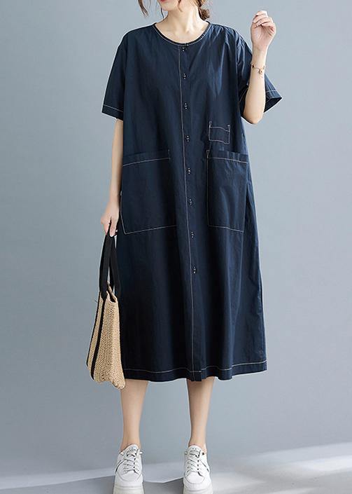 Blue Pockets Short Sleeve Maxi Summer Cotton Dress