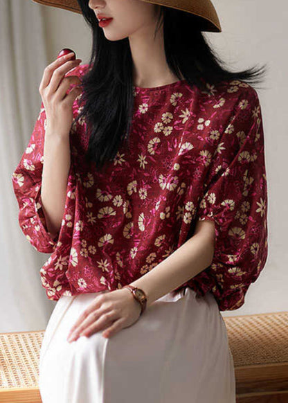 Red Print Lace Up Cotton T Shirt Half Sleeve