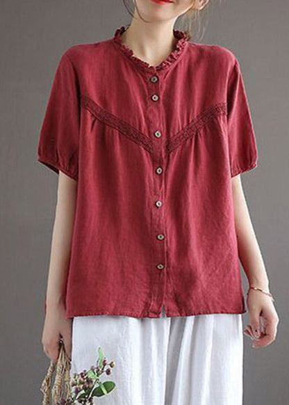 Art Red O-neck Embroideried Button Linen Shirt Lantern Sleeve