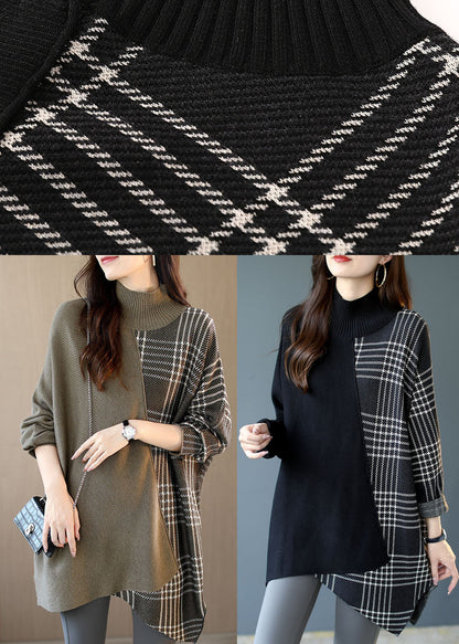 Brown Turtleneck Patchwork Plaid Fall Sweater