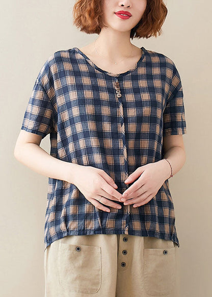 Blue O Neck Plaid Cotton T Shirt Top Short Sleeve