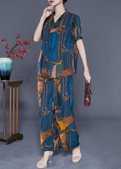 Navy V Neck Asymmetrical Print Silk Two Pieces Set Summer