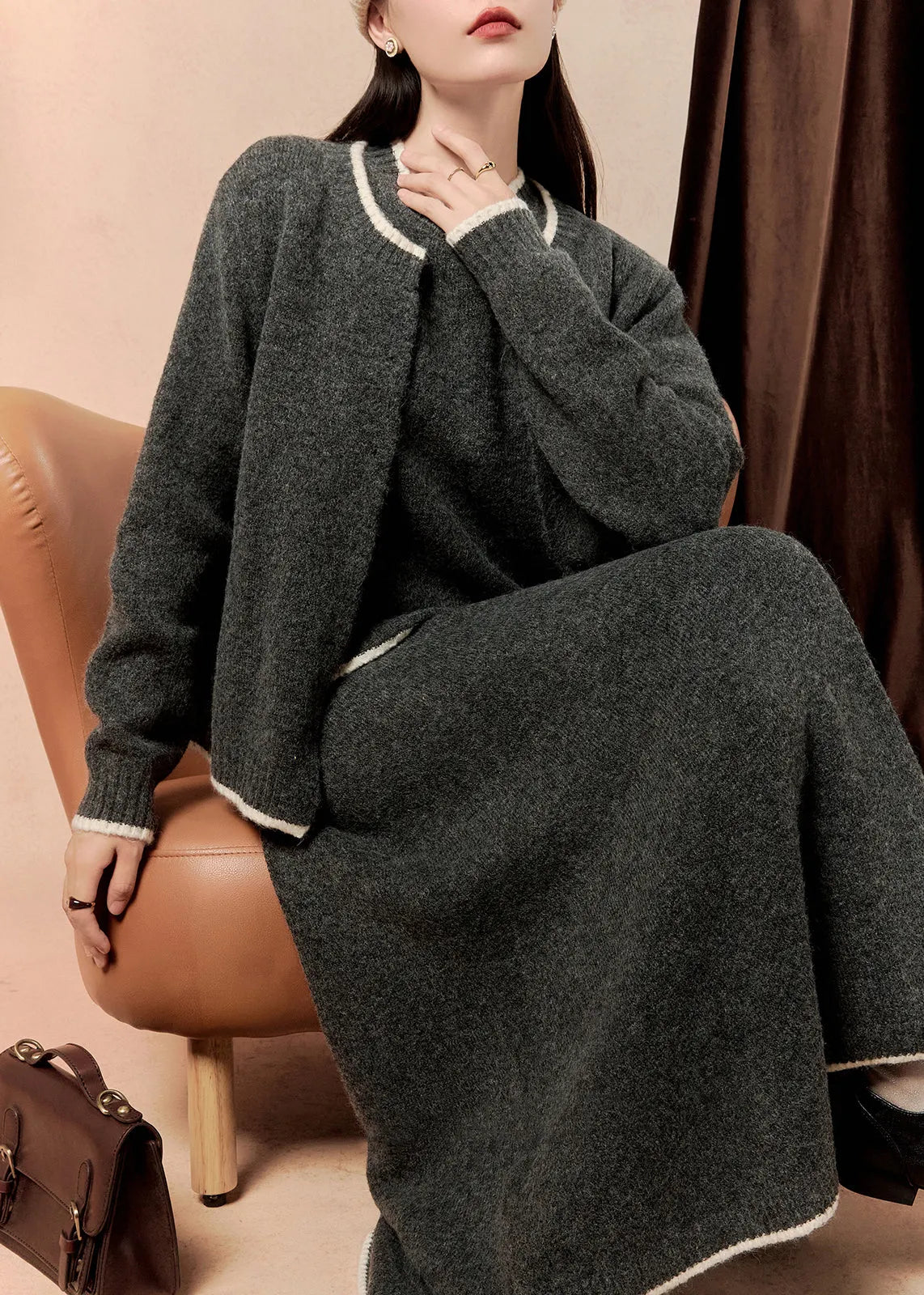 Dark Gray O Neck Button Knit Three Pieces Set Winter