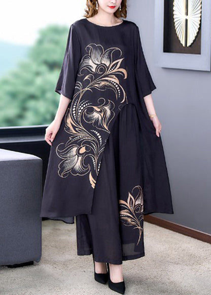 Black Asymmetrical Print Chiffon Top and Wide Leg Pants Two-piece Set Summer