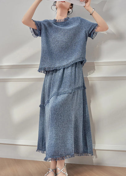 Blue Tassel Patchwork T Shirt and Maxi Skirts Two Pieces Set Short Sleeve