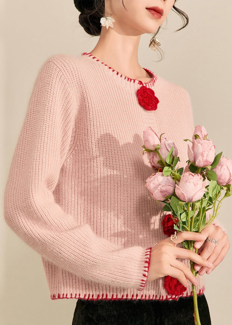 Pink O-neck Button Cotton Knit Cardigans Fall