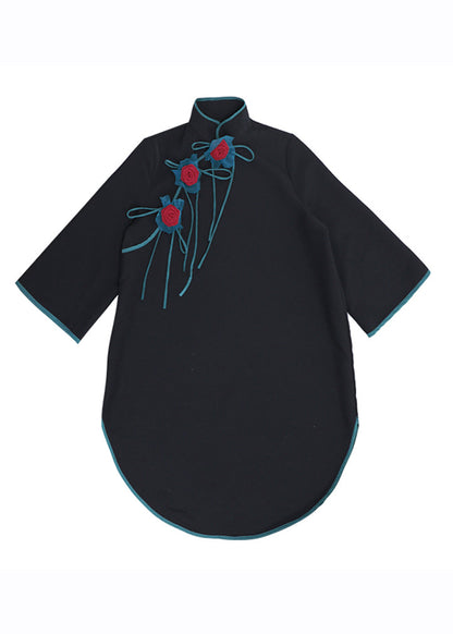 Handmade Black Stand Collar Asymmetrical Top Long Sleeve
