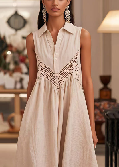 Modern White Peter Pan Collar Patchwork Cotton Lace Dresses Sleeveless Summer