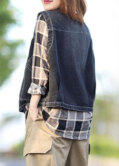 Fitted Black Stand Collar Pockets Button Fall Top Sleeveless Waistcoat