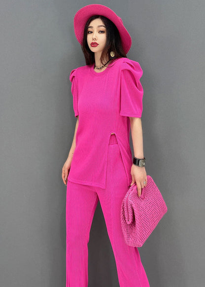 Slim Fit Red O-neck Side Open Cotton Two Piece Suit Set Short Sleeve
