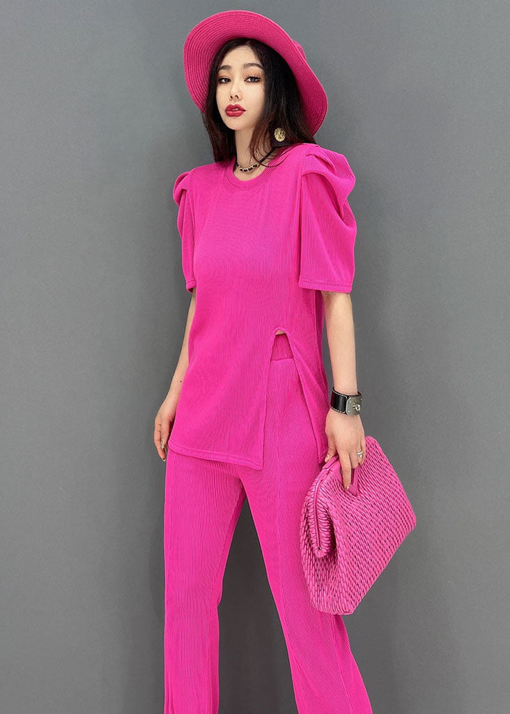 Slim Fit Red O-neck Side Open Cotton Two Piece Suit Set Short Sleeve