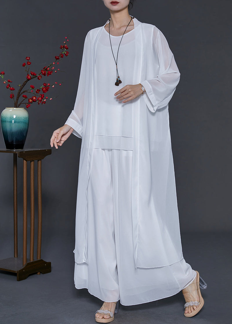 Simple White Oversized Draping Chiffon Three Piece Set Summer