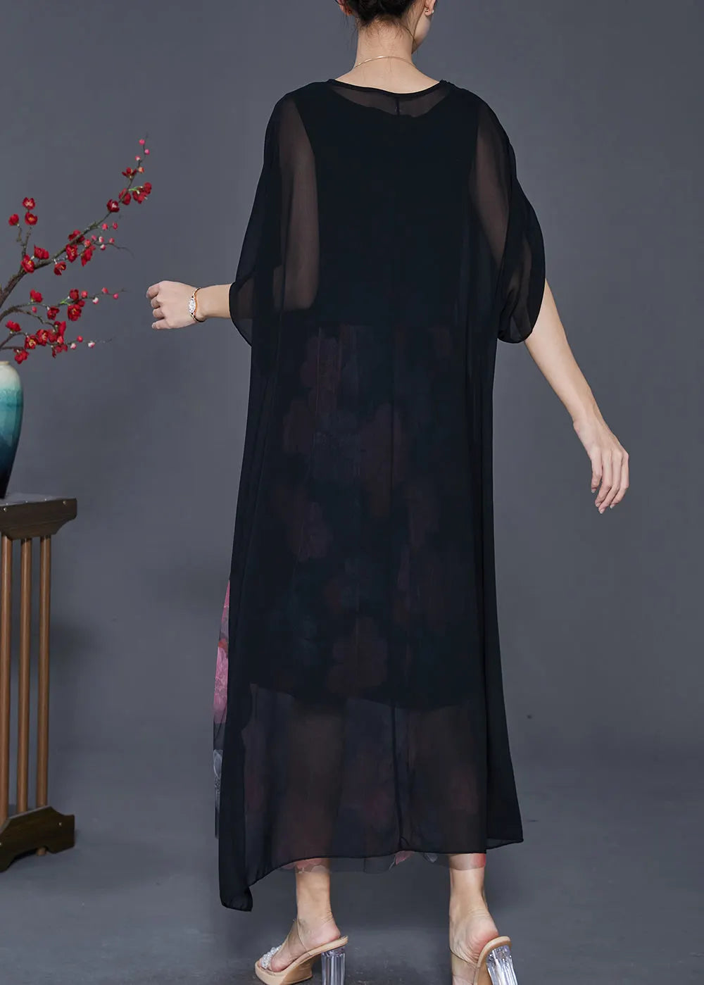 Art Black Print Patchwork Chiffon Fake Two Piece Dress Summer