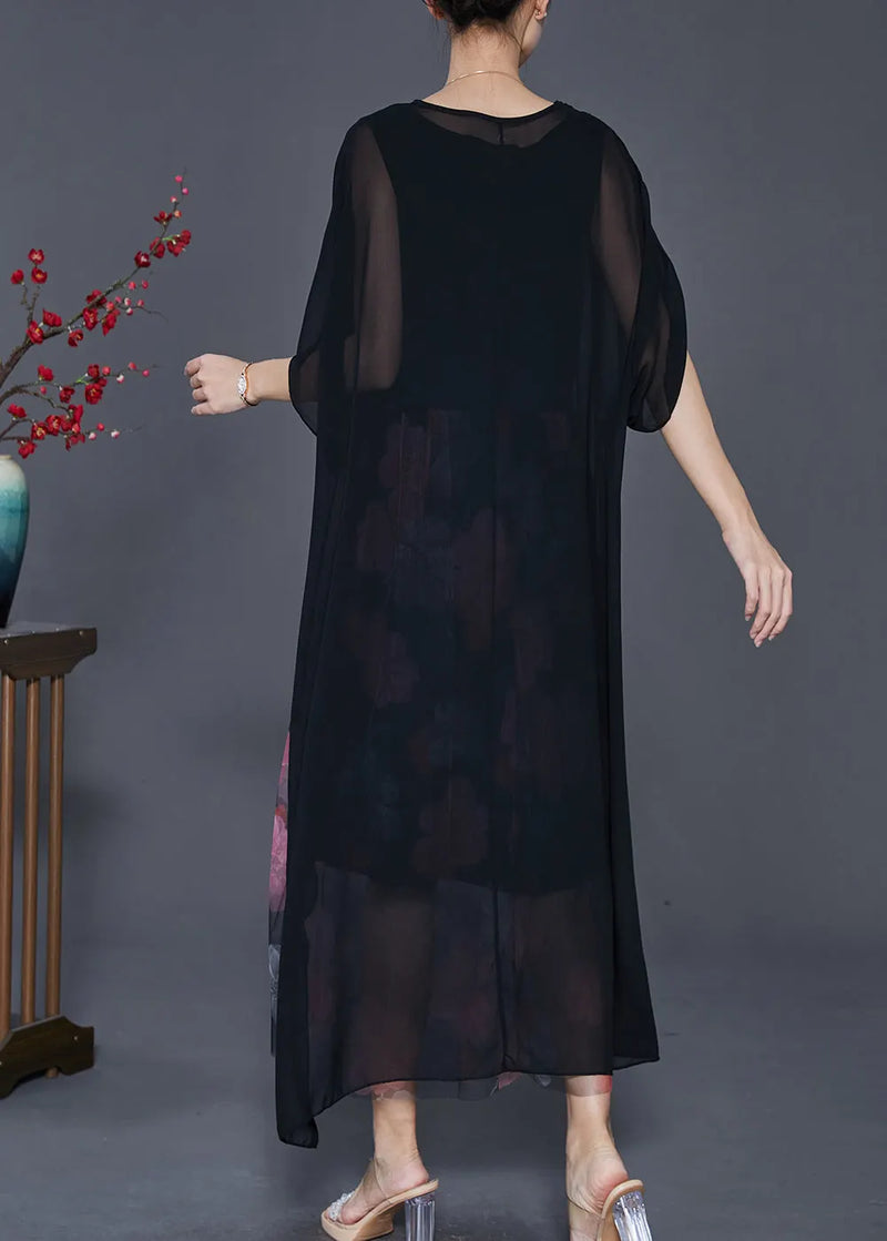 Art Black Print Patchwork Chiffon Fake Two Piece Dress Summer