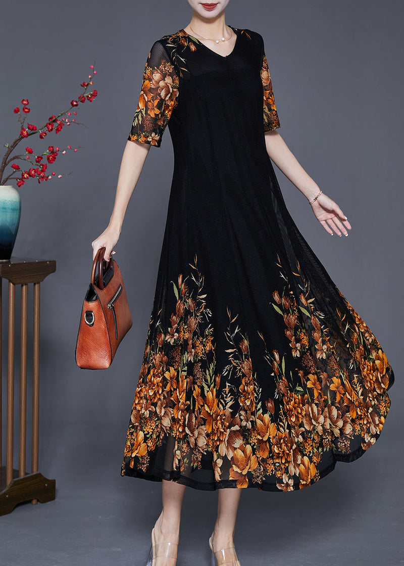 French Black V Neck Golden Tulle Holiday Dress Summer