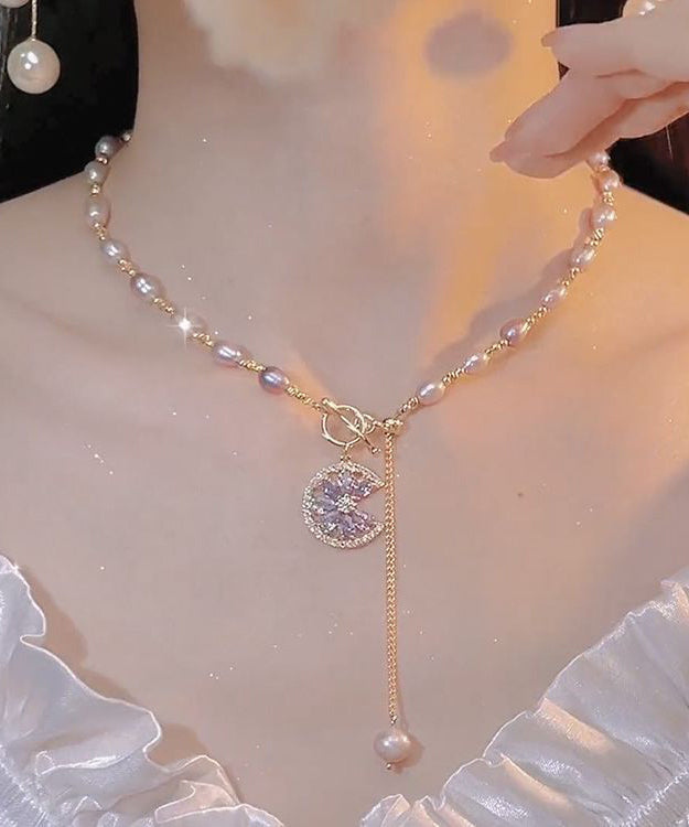 Light Purple Copper Overgild Pearl Tassel Pendant Necklace