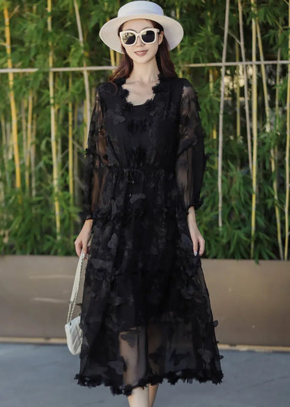 Black Embroidered Butterfly Silk Dress Summer