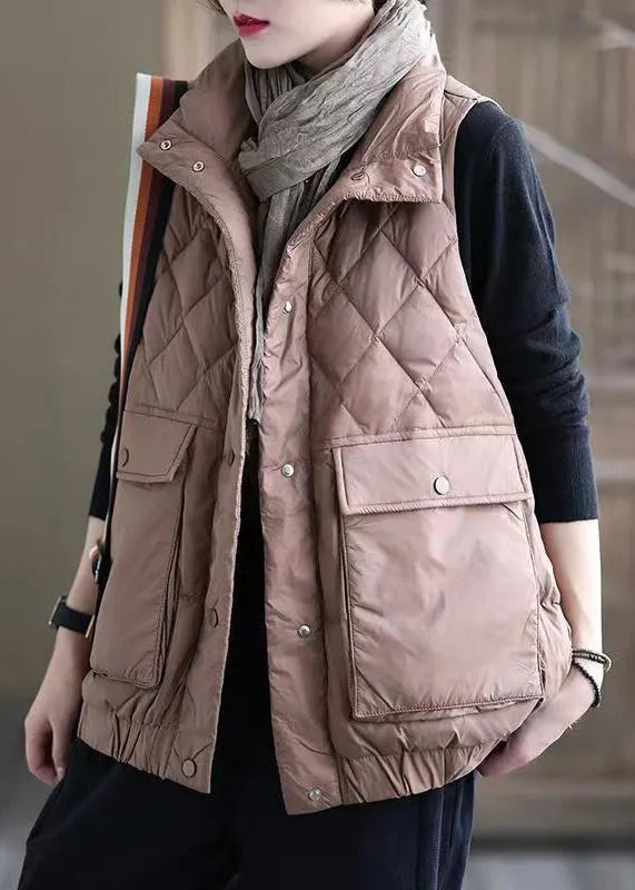 Pink Button Pockets Patchwork Duck Down Waistcoat Sleeveless