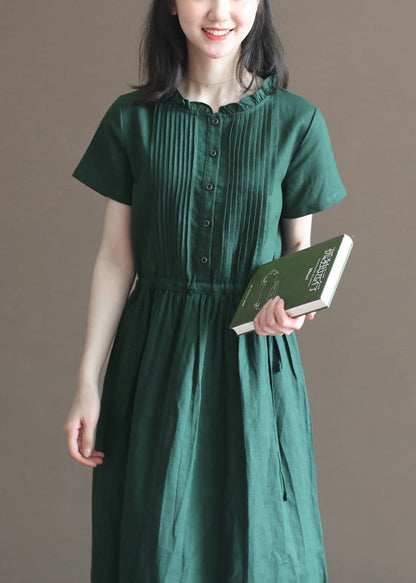 Blackish Green Ruffled Wrinkled Drawstring Cotton Dress Short Sleeve