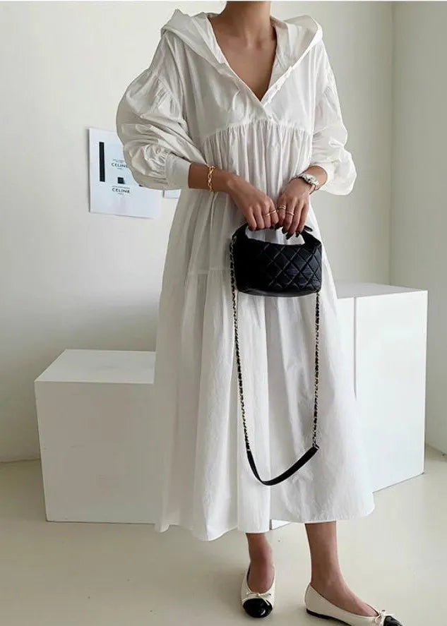 White Hooded Oversized Cotton Maxi Dresses Lantern Sleeve