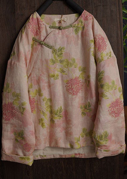 Pink Peony O-neck Print Fine Cotton Filled Winter Coats Long Sleeve