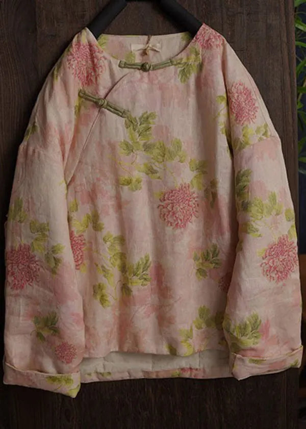 Oriental Beige O-neck Print Fine Cotton Filled Coats