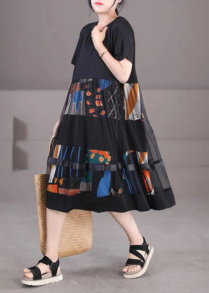 Fine Black O-neck Tulle Patchwork Print Cotton Party Dress Short Sleeve