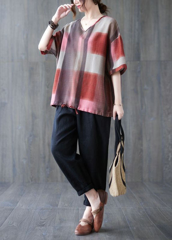 Red Oversized Plaid Linen Tanks Summer